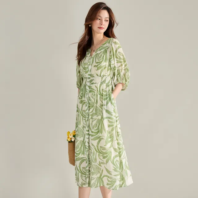 V neck Green Printed Dress Lantern Sleeve Dress Green - Shop at LoveMi