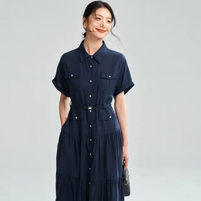 Dress Lapel Breasted Short Sleeve Shirt Navy Blue - Shop at LoveMi