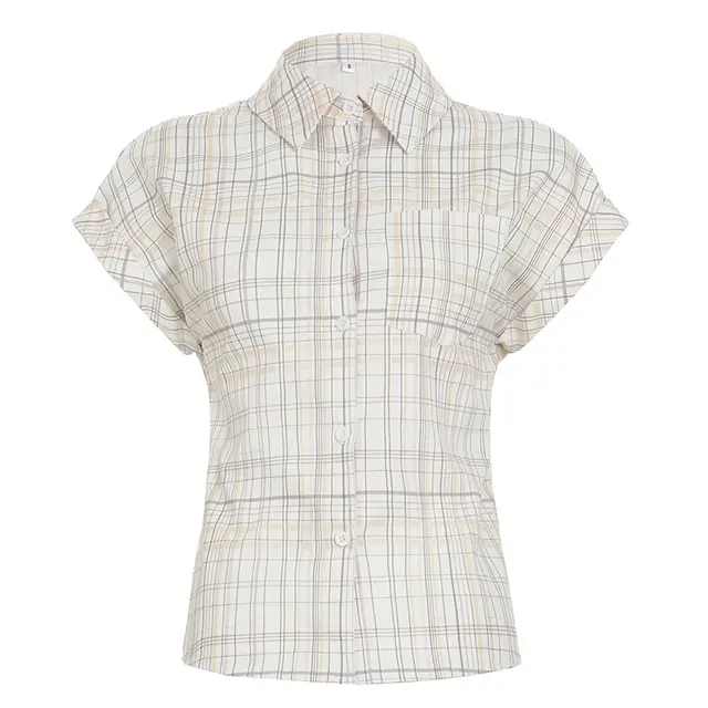 British Style Wooden Ear V neck Plaid Shirt Elegant Waist Button Puff Sleeve Top Khaki - Shop at LoveMi