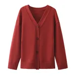 Solid Color And V-neck Fashion Single-breasted Knitted Sweater - Red