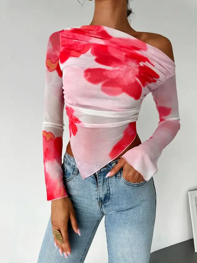 Women's Tie dye Gradient Floral Mesh Floral Print Top Color - Shop at LoveMi