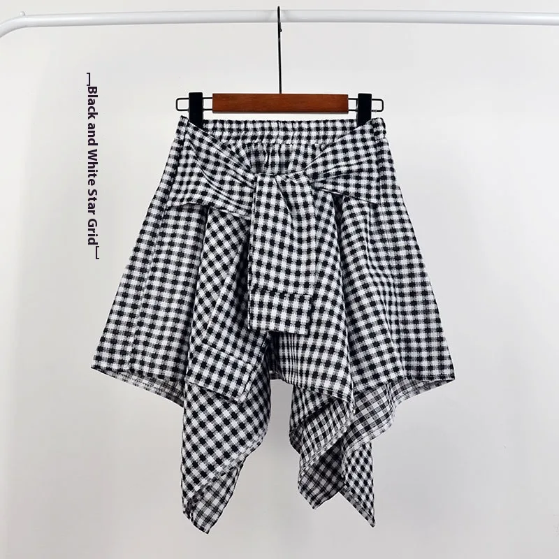 College Style Plaid Irregular Dance Skirt Black And White Star Grid - Shop at LoveMi