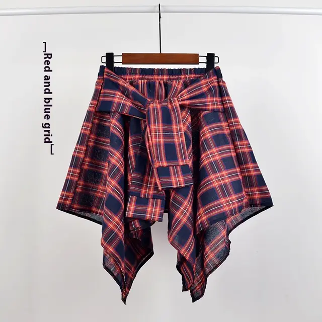 College Style Plaid Irregular Dance Skirt Red And Blue Plaid - Shop at LoveMi