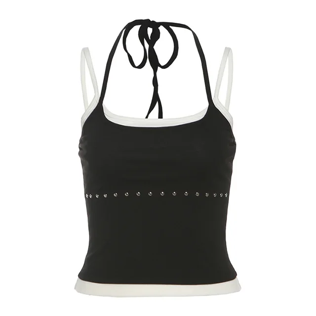 Women's Street Contrast Colors False two piece Halter Backless Short Vest Black - Shop at LoveMi