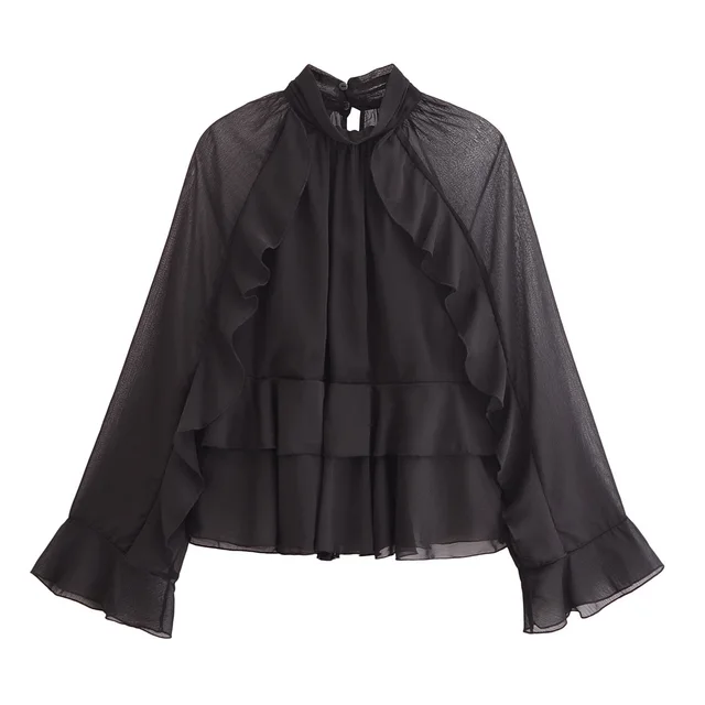 European And American Style Fashion Laminated Decoration Stand Collar Long Sleeve Shirt Black - Shop at LoveMi