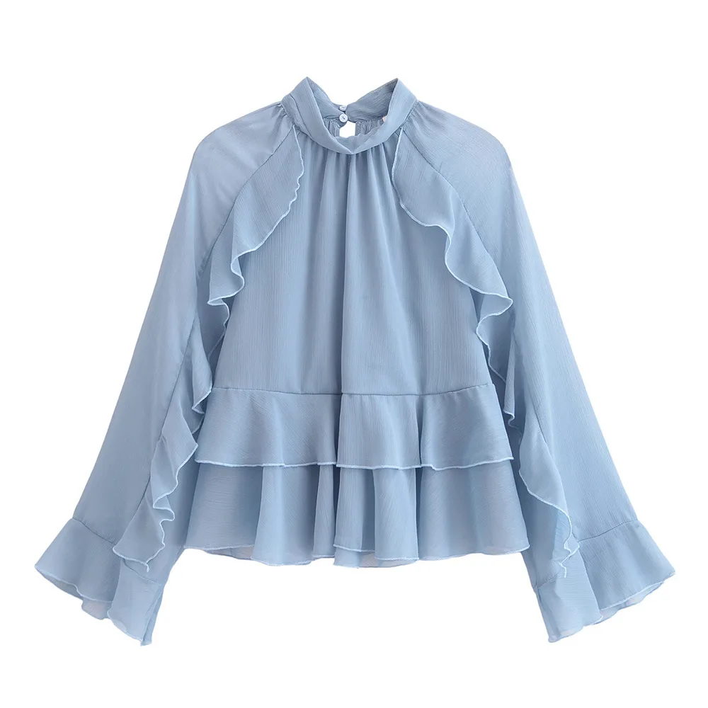 European And American Style Fashion Laminated Decoration Stand Collar Long Sleeve Shirt - Blue