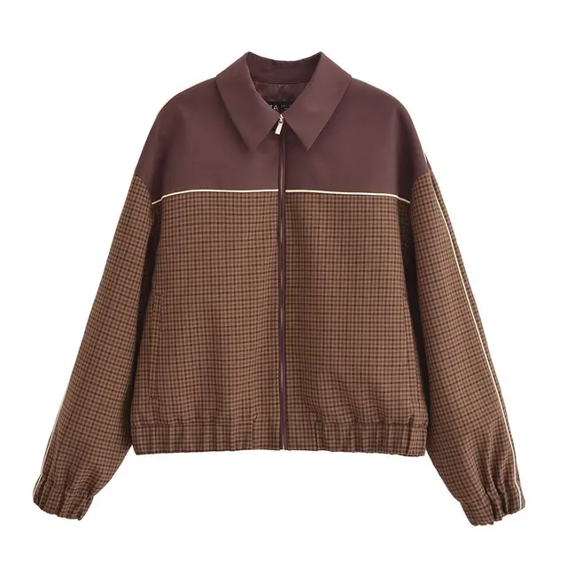 European And American Style Plaid Long Sleeve Lapel Zipper Jacket Brown - Shop at LoveMi