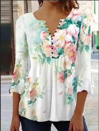 V-neck Slim-fit Printed Top Women - Color Mixed White