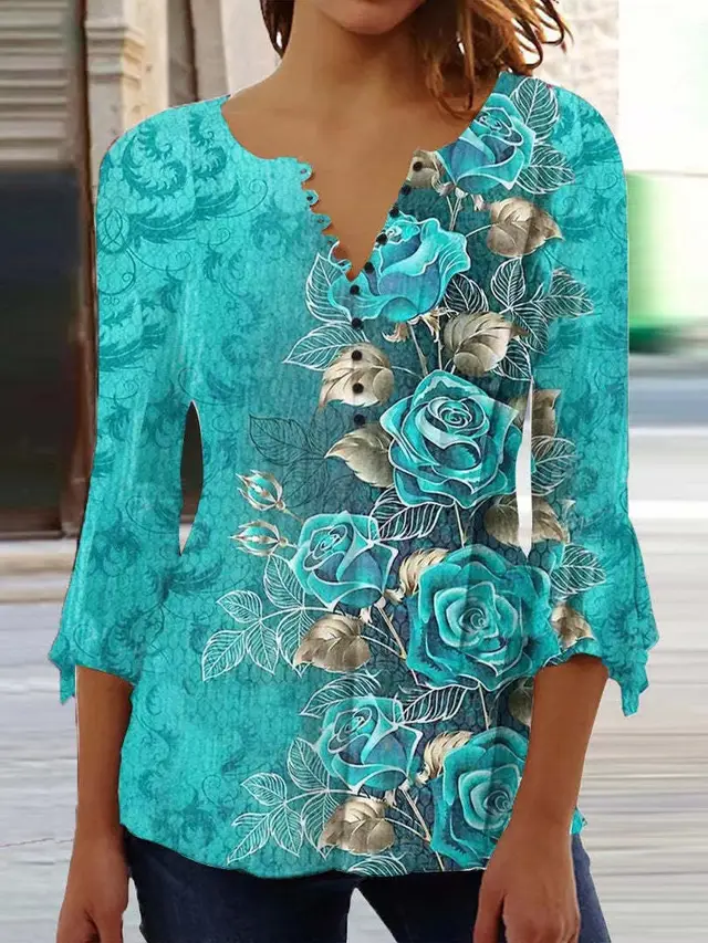 V neck Slim fit Printed Top Women Light Blue Pattern - Shop at LoveMi