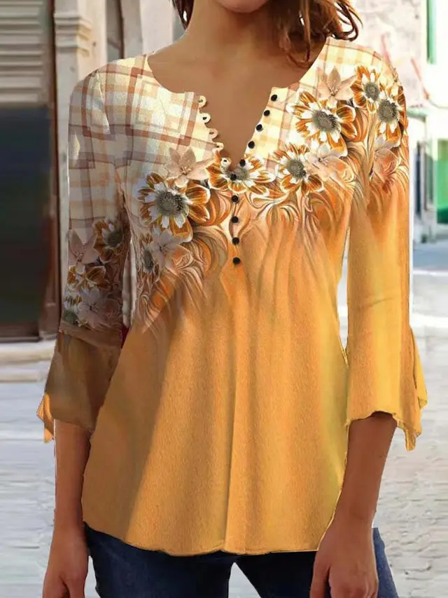 V neck Slim fit Printed Top Women Yellow Flower - Shop at LoveMi