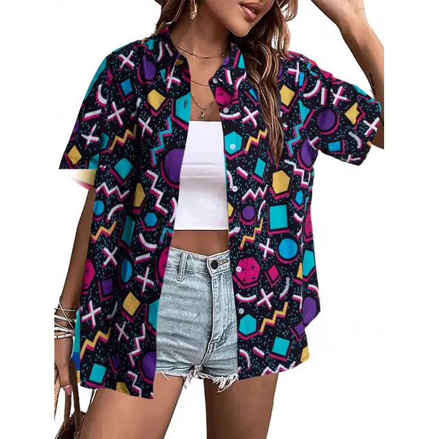 Fashion Personality Women's Floral 3D Printed Shirt Geometric Black 2 - Shop at LoveMi