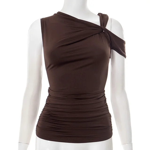 Shoulder Irregular Lace up Sexy Vest Top Brown - Shop at LoveMi