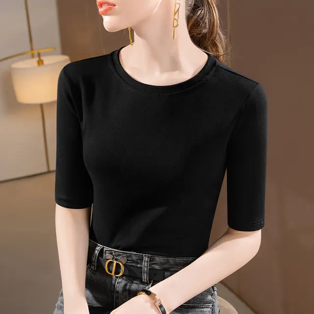 Women's Solid Color Round Neck Half length Sleeve Cotton T shirt Fashion Simple Black - Shop at LoveMi