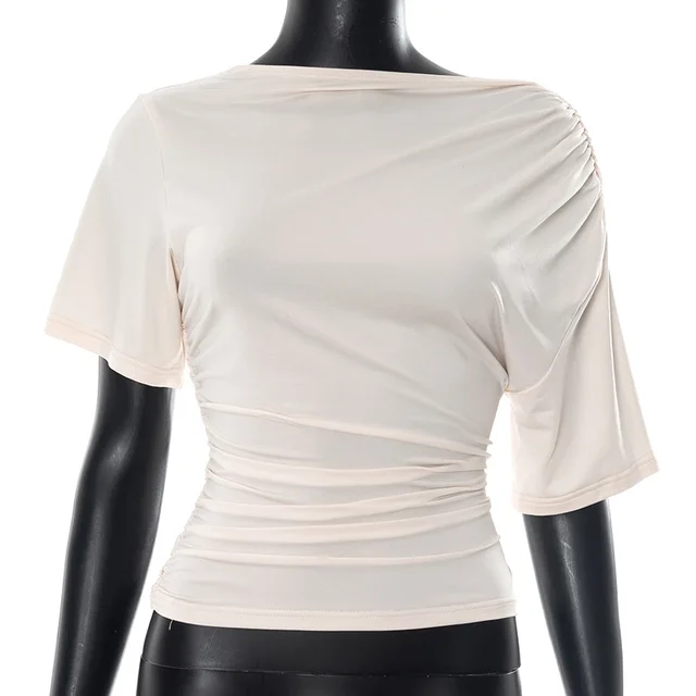European And American Solid Color Off neck Pleated Slim Vest T shirt Apricot - Shop at LoveMi