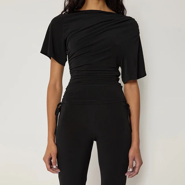 European And American Solid Color Off neck Pleated Slim Vest T shirt Black - Shop at LoveMi