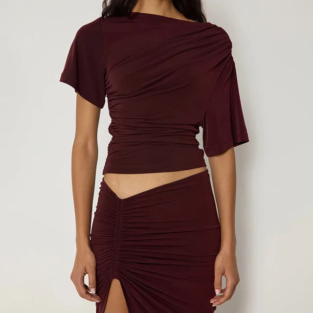 European And American Solid Color Off neck Pleated Slim Vest T shirt Reddish Brown - Shop at LoveMi