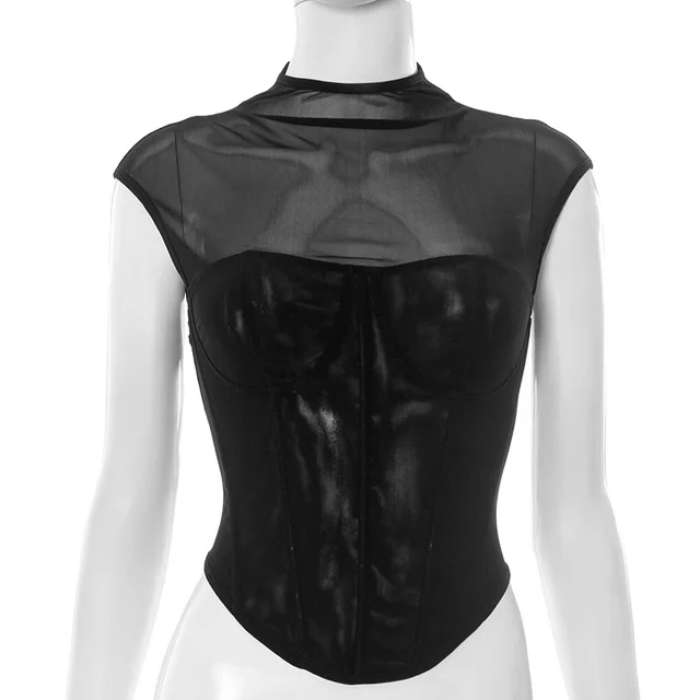 European And American Solid Color Voile Slim Fit Patchwork Vest T shirt Women Black - Shop at LoveMi