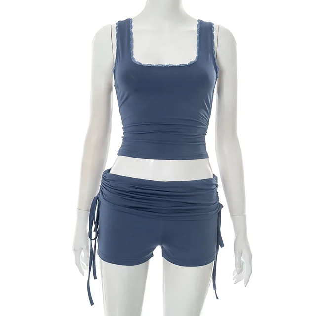 European And American Women's Lace U neck Crop top Spaghetti strap Shorts Suit Dark Blue - Shop at LoveMi