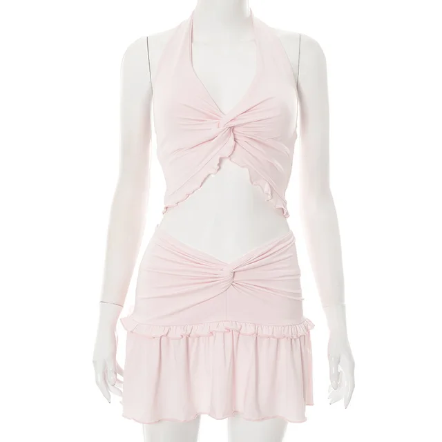 European And American Solid Color And V neck Halter Navel exposed Pleated Edge Skirt Outfit Pink - Shop at LoveMi