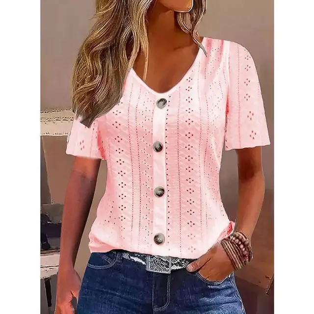 Solid Color Jacquard V neck Buttons Short Sleeve T shirt Top Pink - Shop at LoveMi