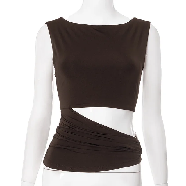 Women's Sleeveless Round Neck Hollow out Top Brown - Shop at LoveMi