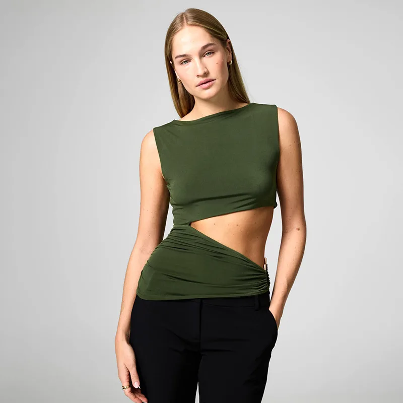 Women's Sleeveless Round Neck Hollow-out Top - Green - View 1