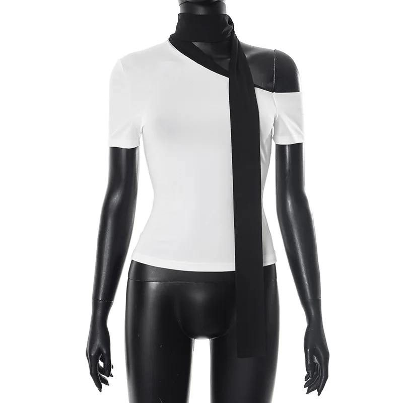 European And American Diagonal Collar Single Shoulder Ribbon T-shirt In Contrast Colour - White - View 1