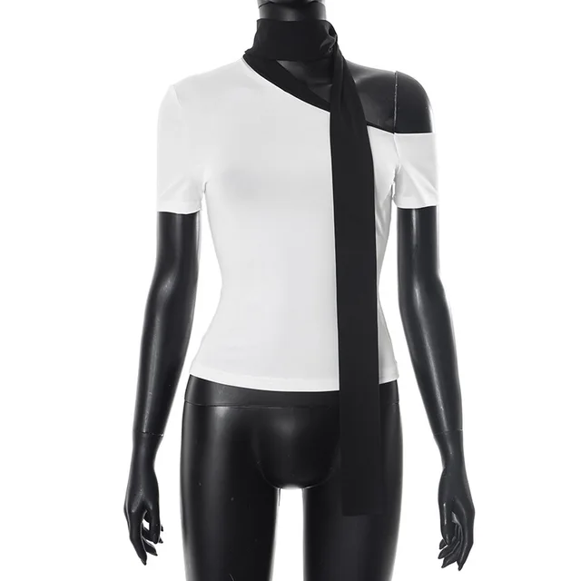 European And American Diagonal Collar Single Shoulder Ribbon T shirt In Contrast Color White - Shop at LoveMi