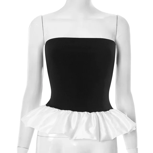 Contrast Color Bandeau Slim fit Patchwork Ruffled Sexy Women Clothing Top Black - Shop at LoveMi