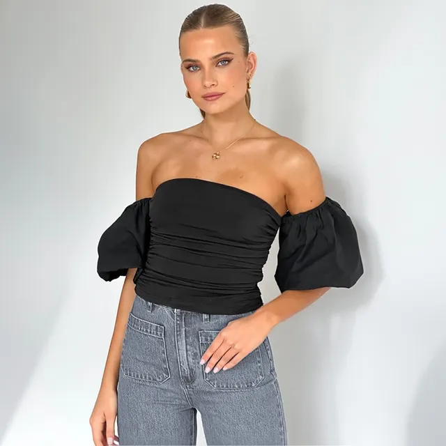 Women's Slim Fit Pleated Sleeve Tube Top Black - Shop at LoveMi
