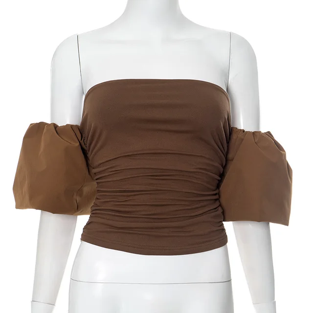 Women's Slim Fit Pleated Sleeve Tube Top Brown - Shop at LoveMi