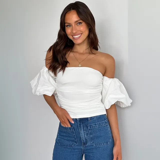 Women's Slim Fit Pleated Sleeve Tube Top White - Shop at LoveMi