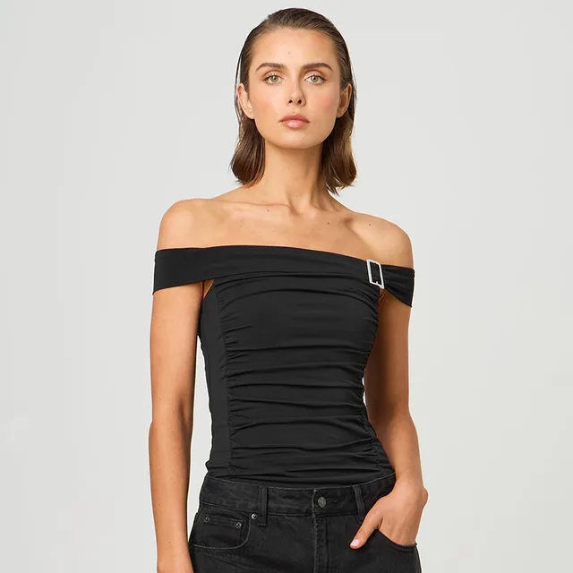 Solid Color Off neck Pleated Slim Vest T shirt Black - Shop at LoveMi