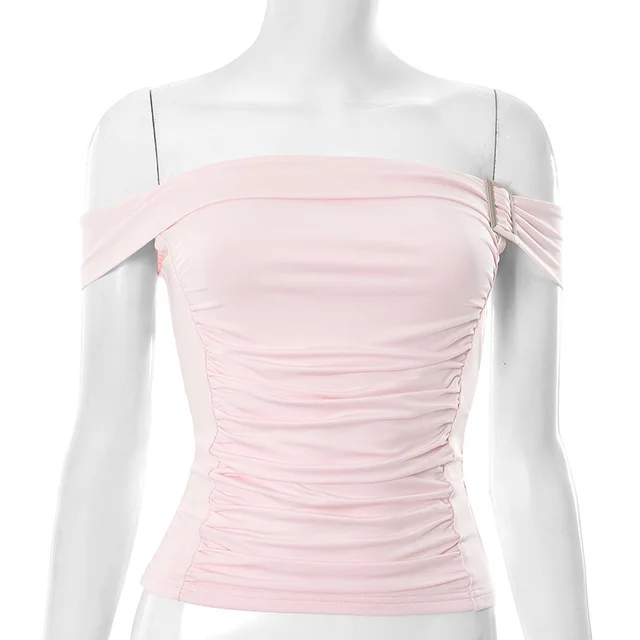 Solid Color Off neck Pleated Slim Vest T shirt Light Pink - Shop at LoveMi