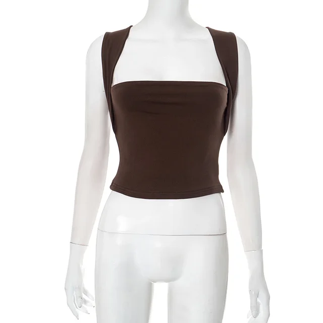 Women's Square Collar Reverse Vest Top Brown - Shop at LoveMi