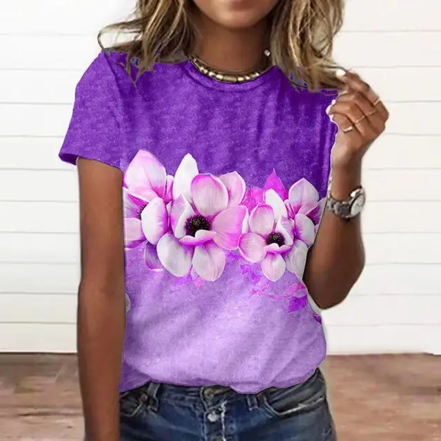 Artificial Cotton 3D Sunflower Print Round Neck T shirt Xsp824110506 - Shop at LoveMi