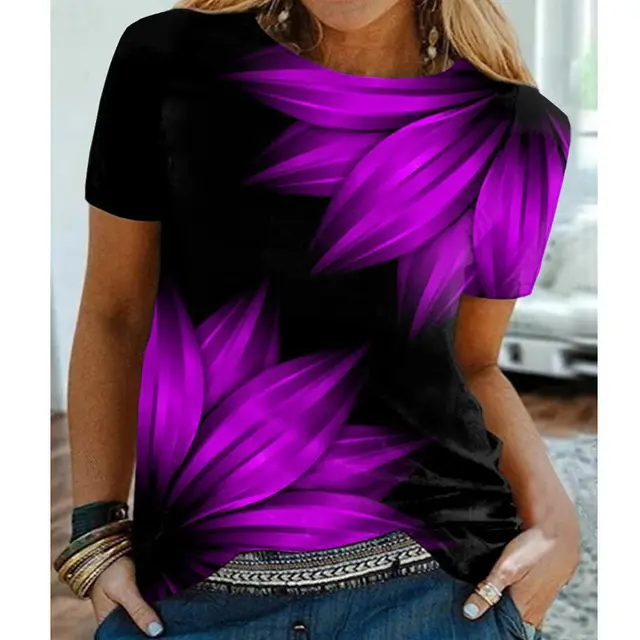 Artificial Cotton 3D Sunflower Print Round Neck T shirt Xsp824110507 - Shop at LoveMi