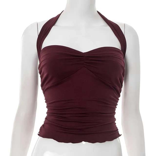Lace up Halterneck Backless Sexy T shirt Red - Shop at LoveMi