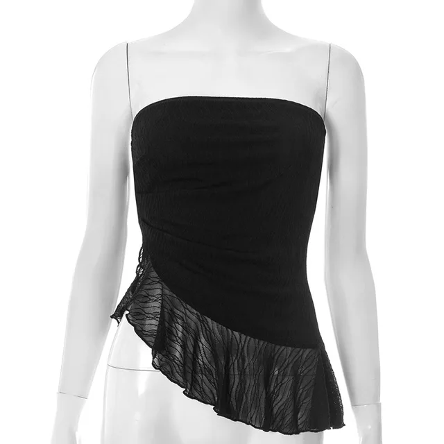 European And American Pure Color Tube top Voile Wavy Edge Sexy T shirt Black - Shop at LoveMi