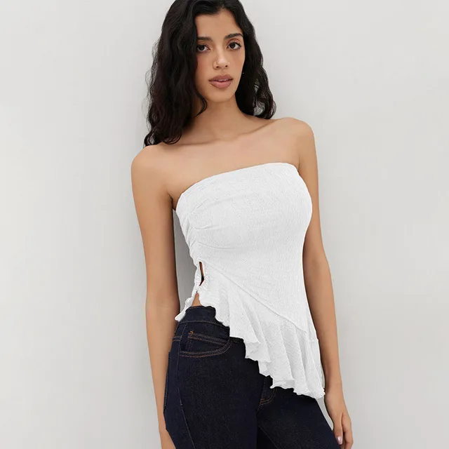 European And American Pure Color Tube top Voile Wavy Edge Sexy T shirt White - Shop at LoveMi