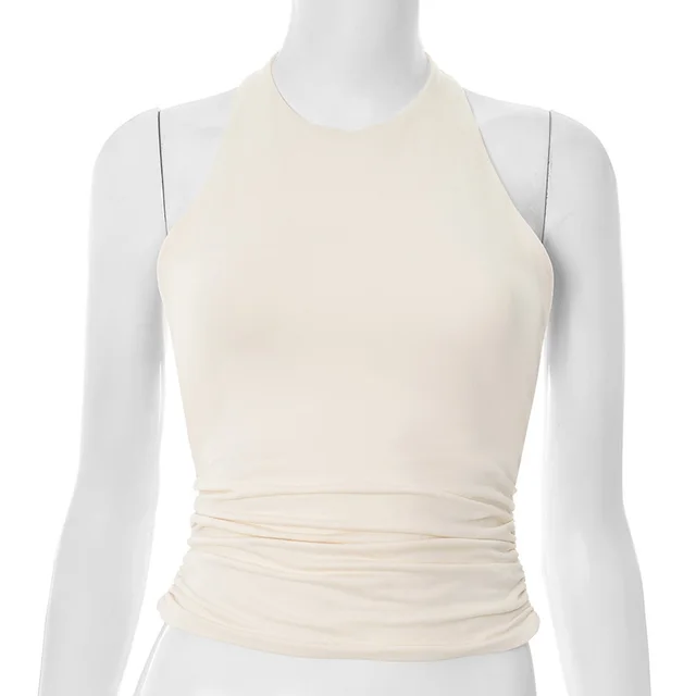 European And American Buckle Halter Backless Sexy T shirt Light Apricot - Shop at LoveMi