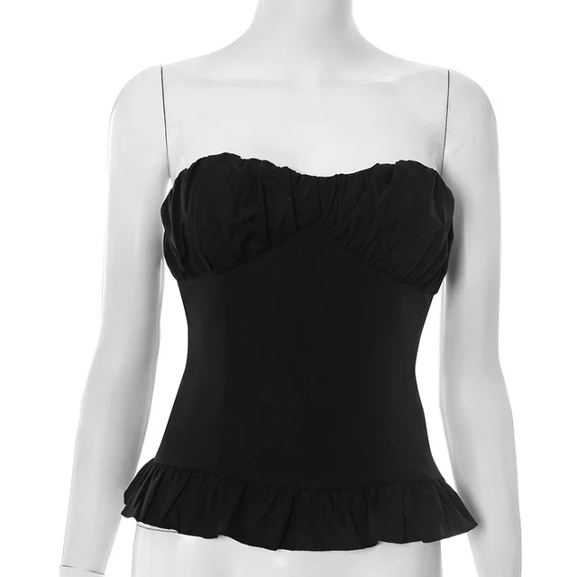 European And American Tube Top Backless Ruffled Sexy T shirt Black - Shop at LoveMi