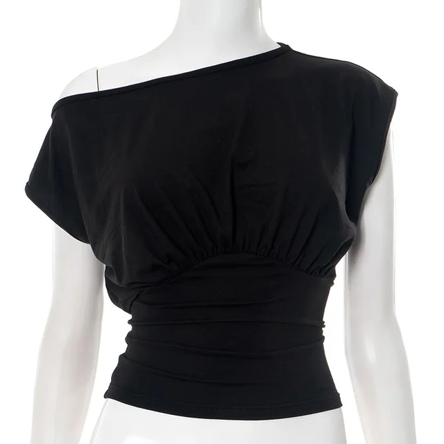 Women's Shoulder Diagonal Collar Waist controlled Top Black - Shop at LoveMi