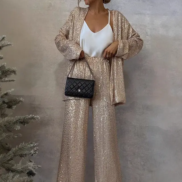 Three color Sequin Small Suit High Waist Fashion Casual Pants Two piece Suit Beige Suit - Shop at LoveMi