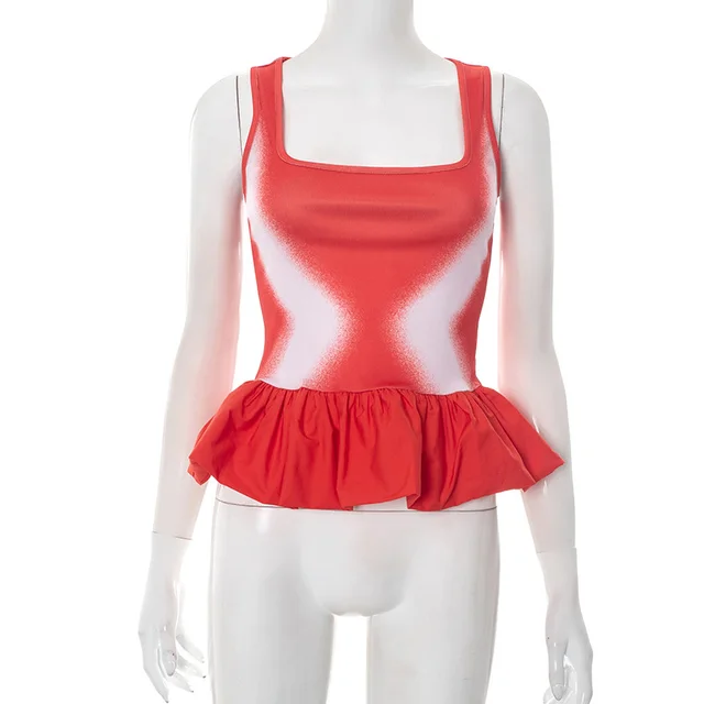 European And American U neck Contrast color Ruffled Sexy Vest T shirt For Women Red - Shop at LoveMi