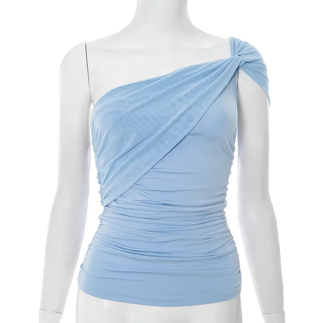 European And American Solid Color Shoulder Tie Mesh Vest T shirt For Women Blue - Shop at LoveMi