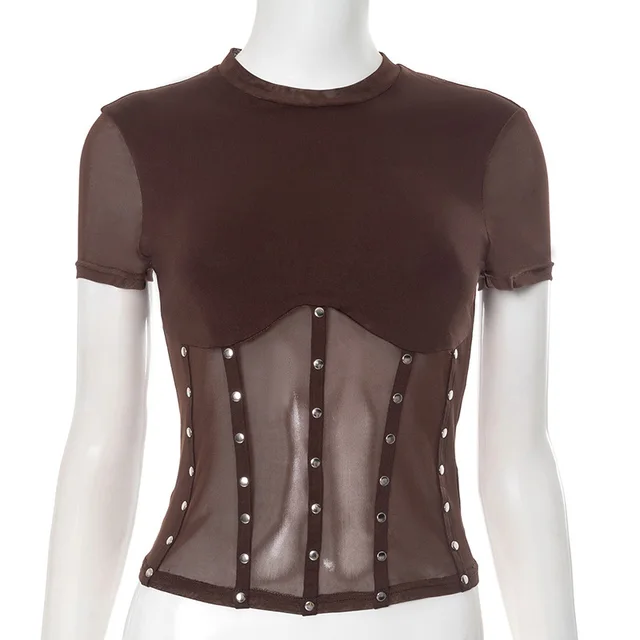 Women's Round Neck Rivet Punk Top Brown - Shop at LoveMi