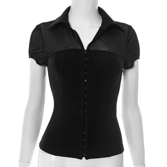Solid Color And V neck Hidden Hook Gauzy Stitching T shirt Top Black - Shop at LoveMi