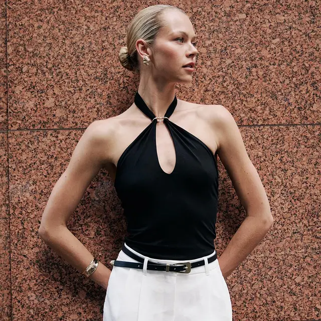 Cross Border Halter Solid Color Metal Ring Backless T shirt Top Black - Shop at LoveMi