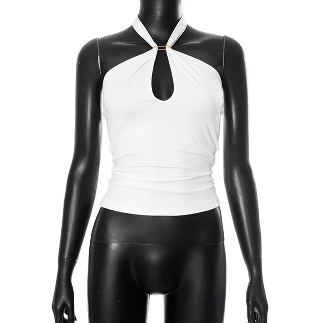 Cross Border Halter Solid Color Metal Ring Backless T shirt Top White - Shop at LoveMi
